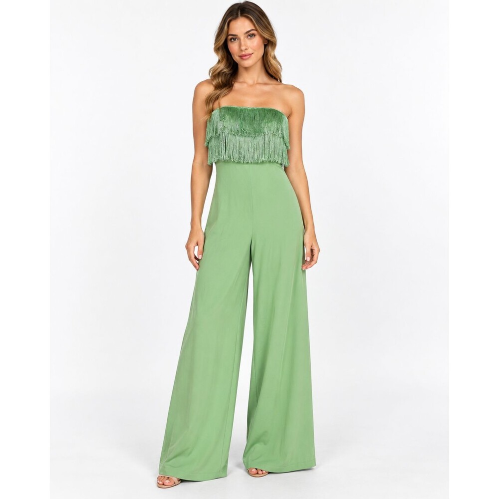 Anthropologie Hutch Green Fringe Strapless Wide Leg Jumpsuit Size 10 Boho Party